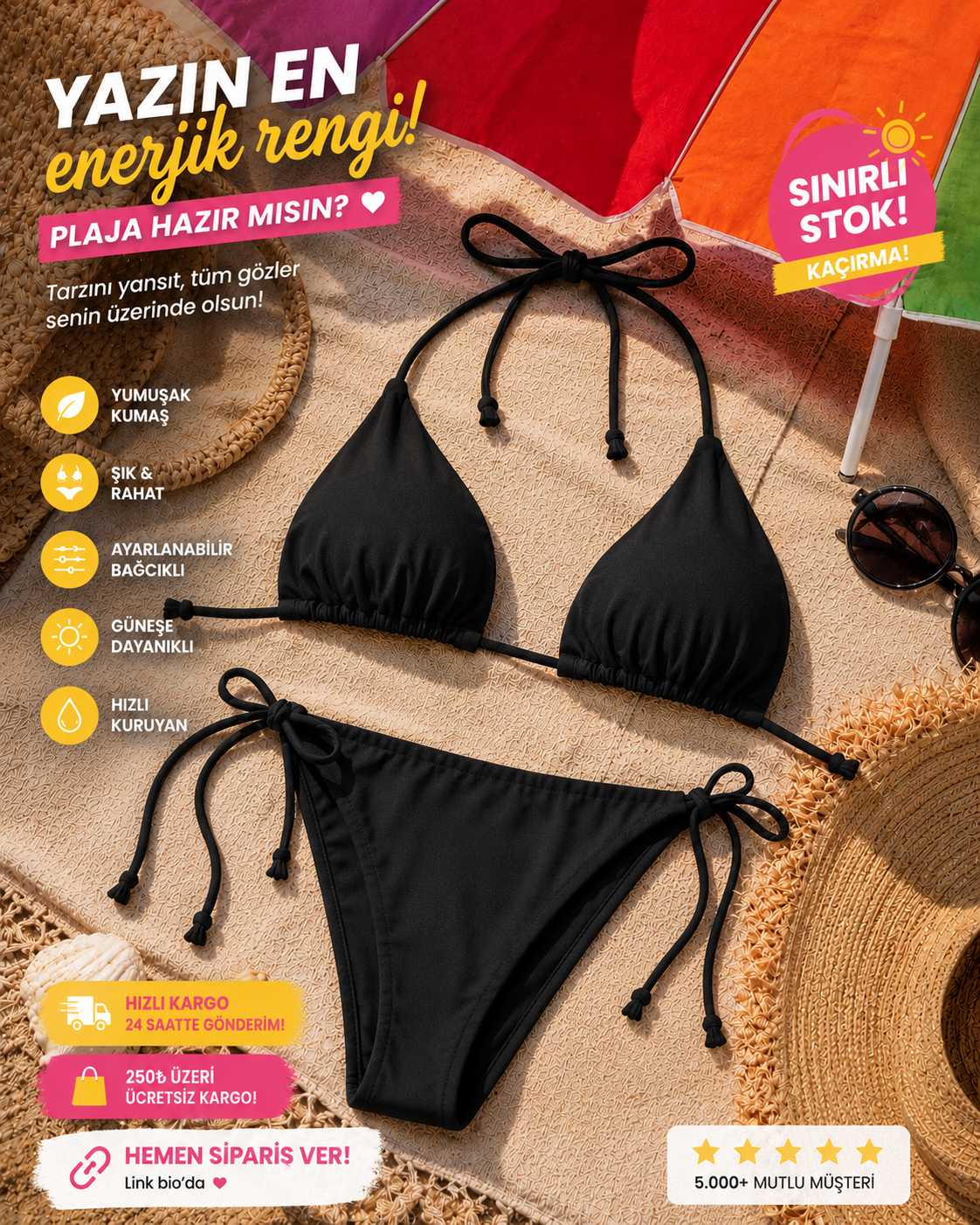 Siyah Üçgen Bikini Takımı – Ayarlanabilir İpli Kadın Bikini